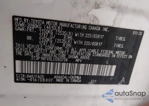 2020 Toyota Rav4 Xle z USA, uszkodzony, nr VIN 2T3P1RFVXLC093758